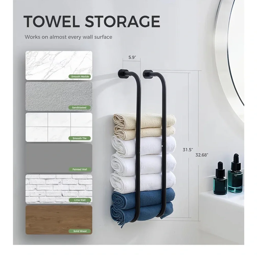 JS HANGER Wall-Mounted Towel Rack for Rolled Towels, Black Bathroom Towel Holder